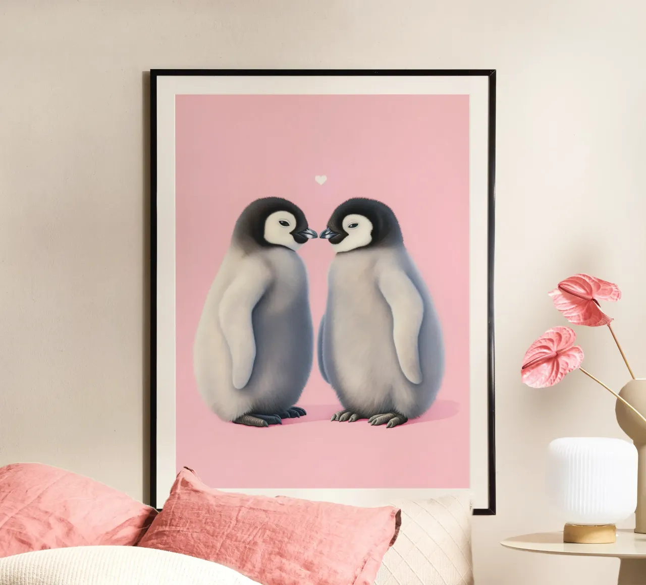 Pinguini innamorati di un cuore poster con telaio in plastica da Carinaprint