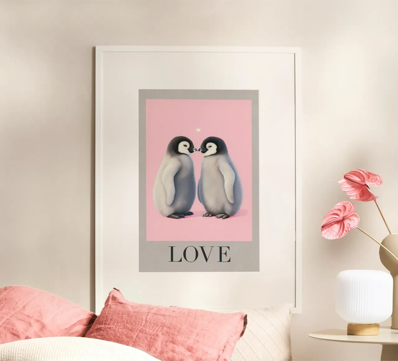 Cari pinguini con un cuore poster con telaio in plastica da Carinaprint