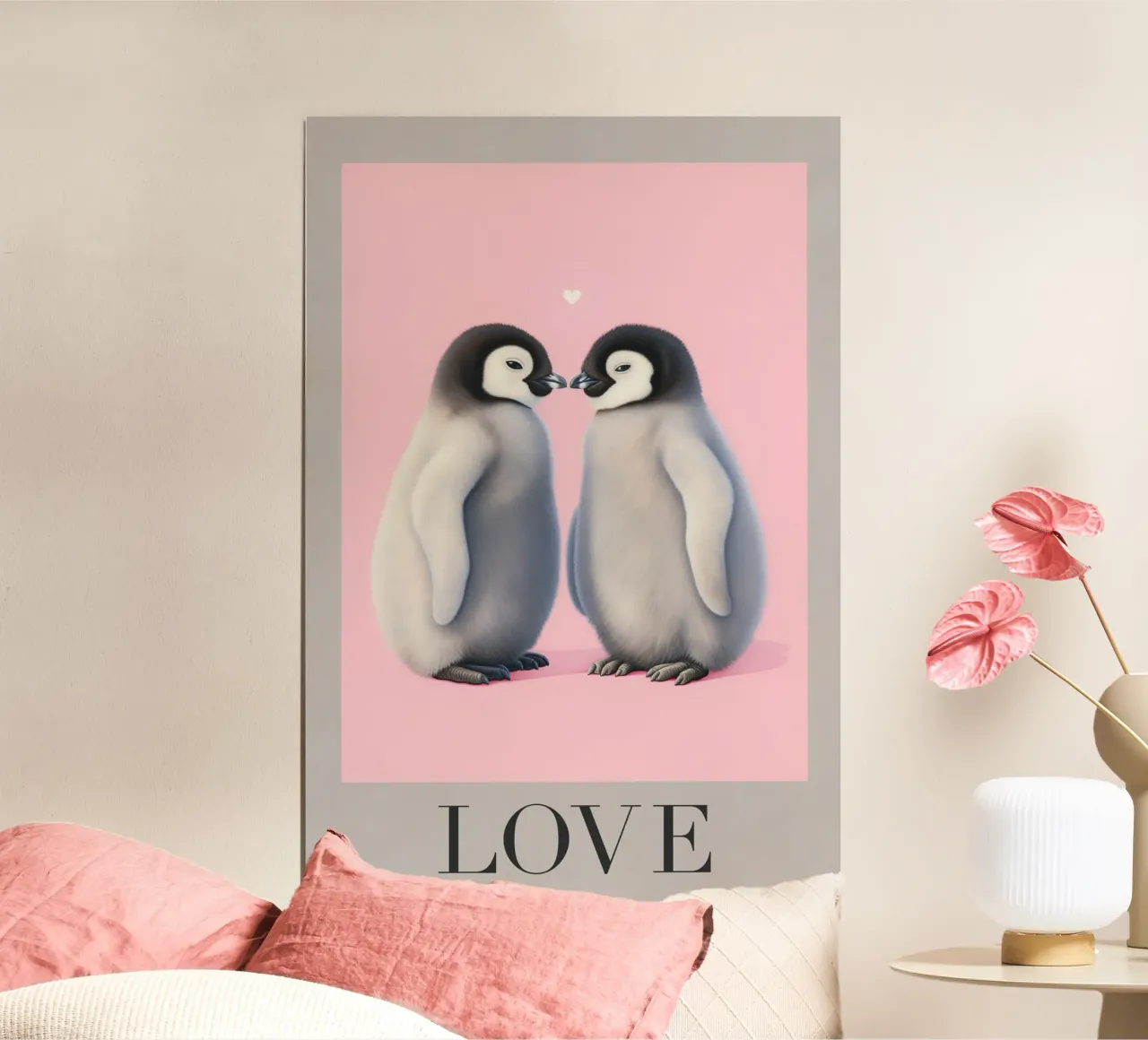 Cari pinguini con un cuore poster con telaio in plastica da Carinaprint