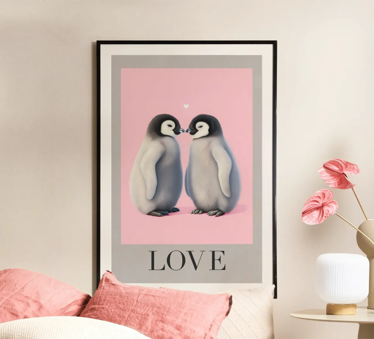 Cari pinguini con un cuore poster con telaio in plastica da Carinaprint