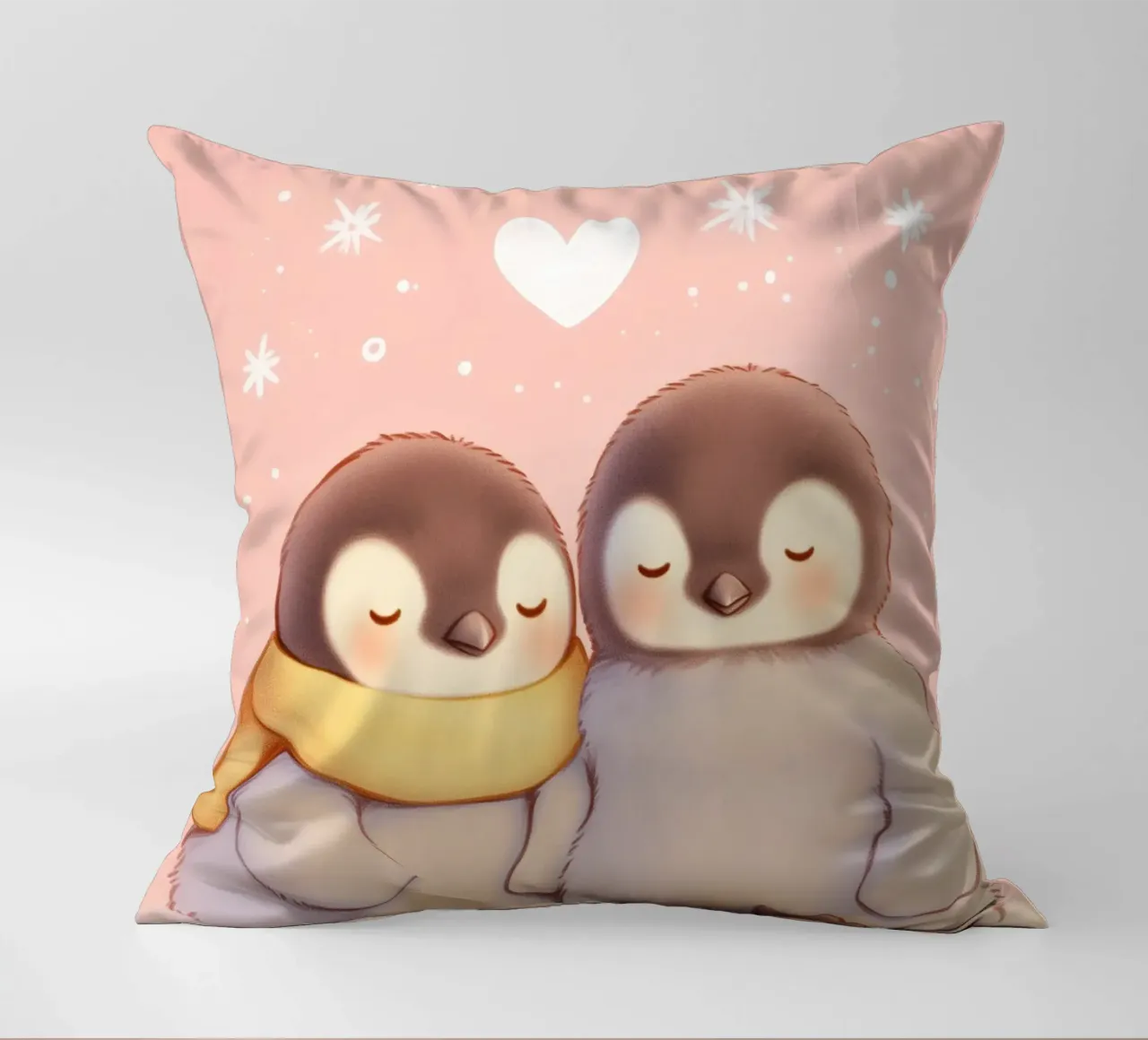 Pinguini romantici con un cuore cuscino da Carinaprint