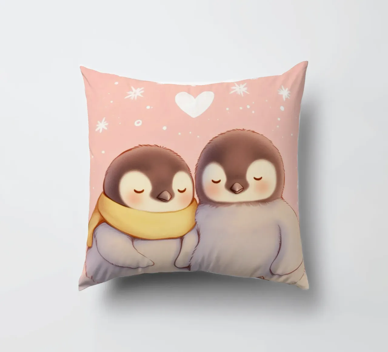 Pinguini romantici con un cuore cuscino da Carinaprint