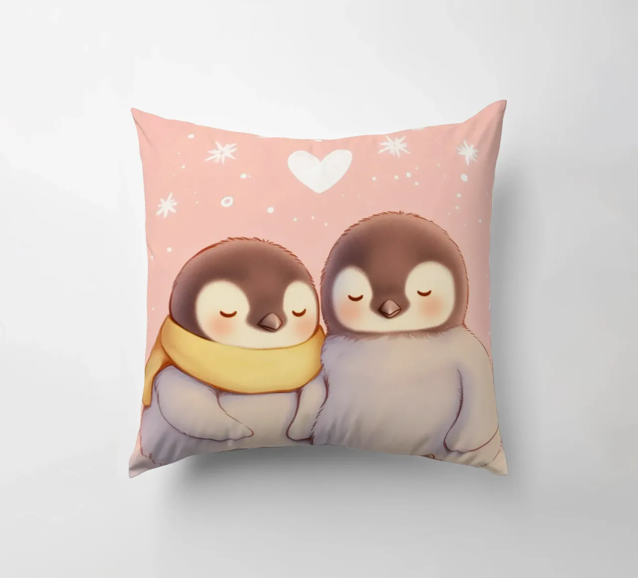 Pinguini romantici con un cuore cuscino da Carinaprint