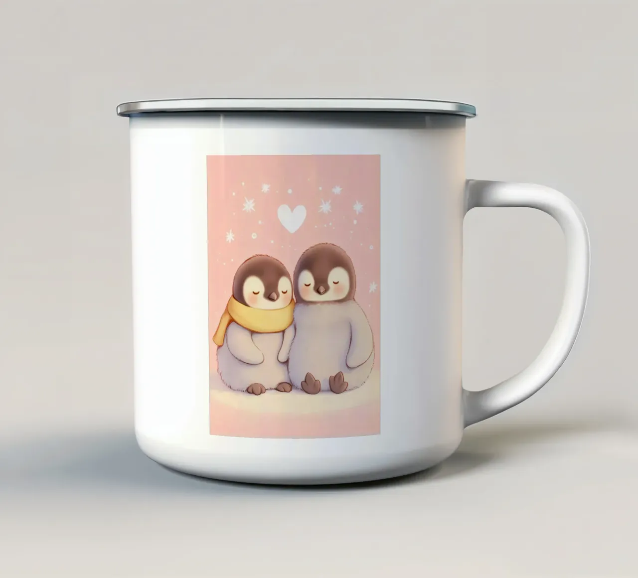 Pinguini romantici con un cuore tazza in smalto da Carinaprint