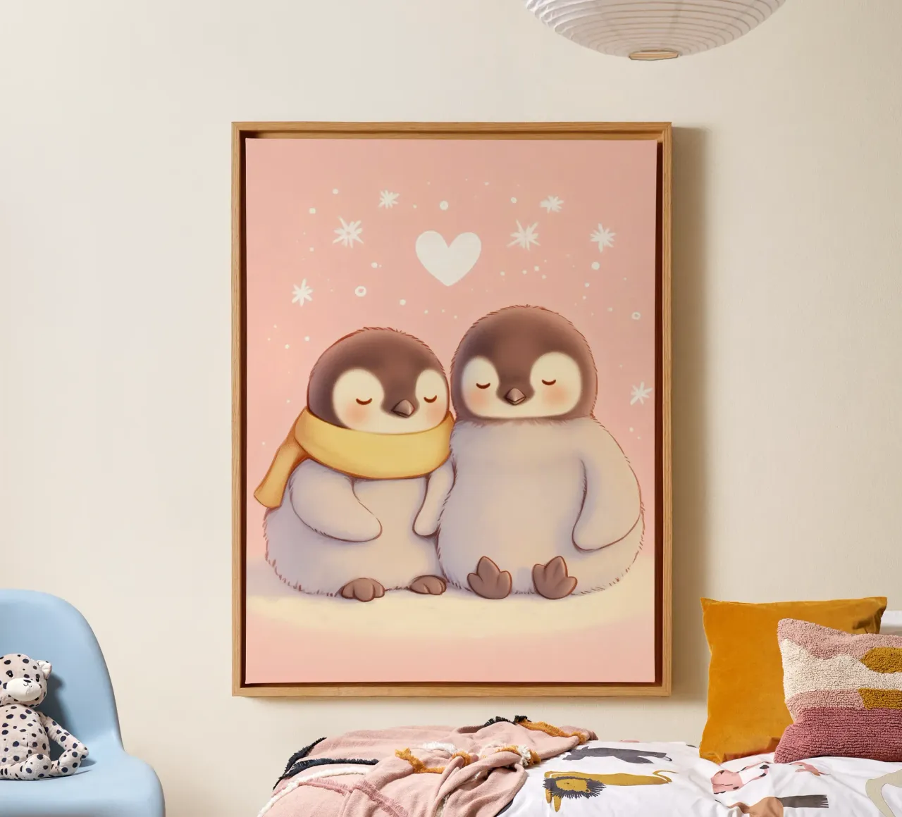 Pinguini romantici con un cuore tela con Cornice a cassetta da Carinaprint