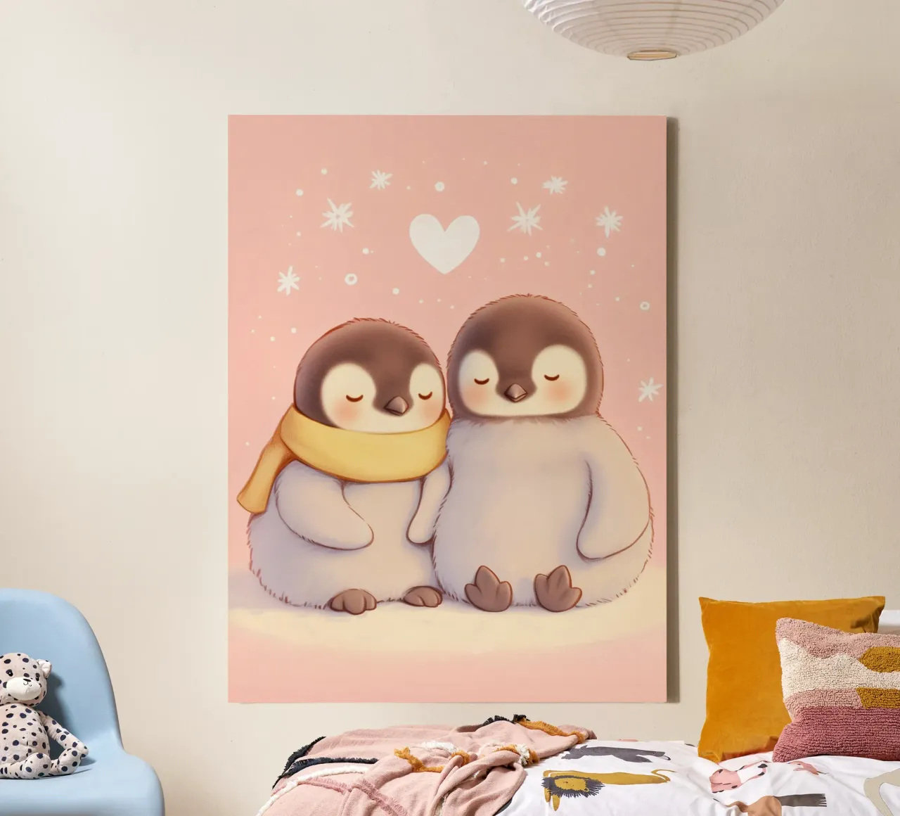Pinguini romantici con un cuore tela con Cornice a cassetta da Carinaprint
