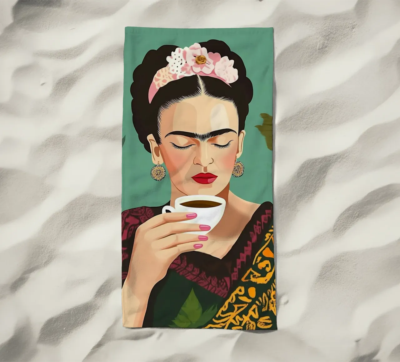 Il piacere del caffè con Frida telo mare da Carinaprint