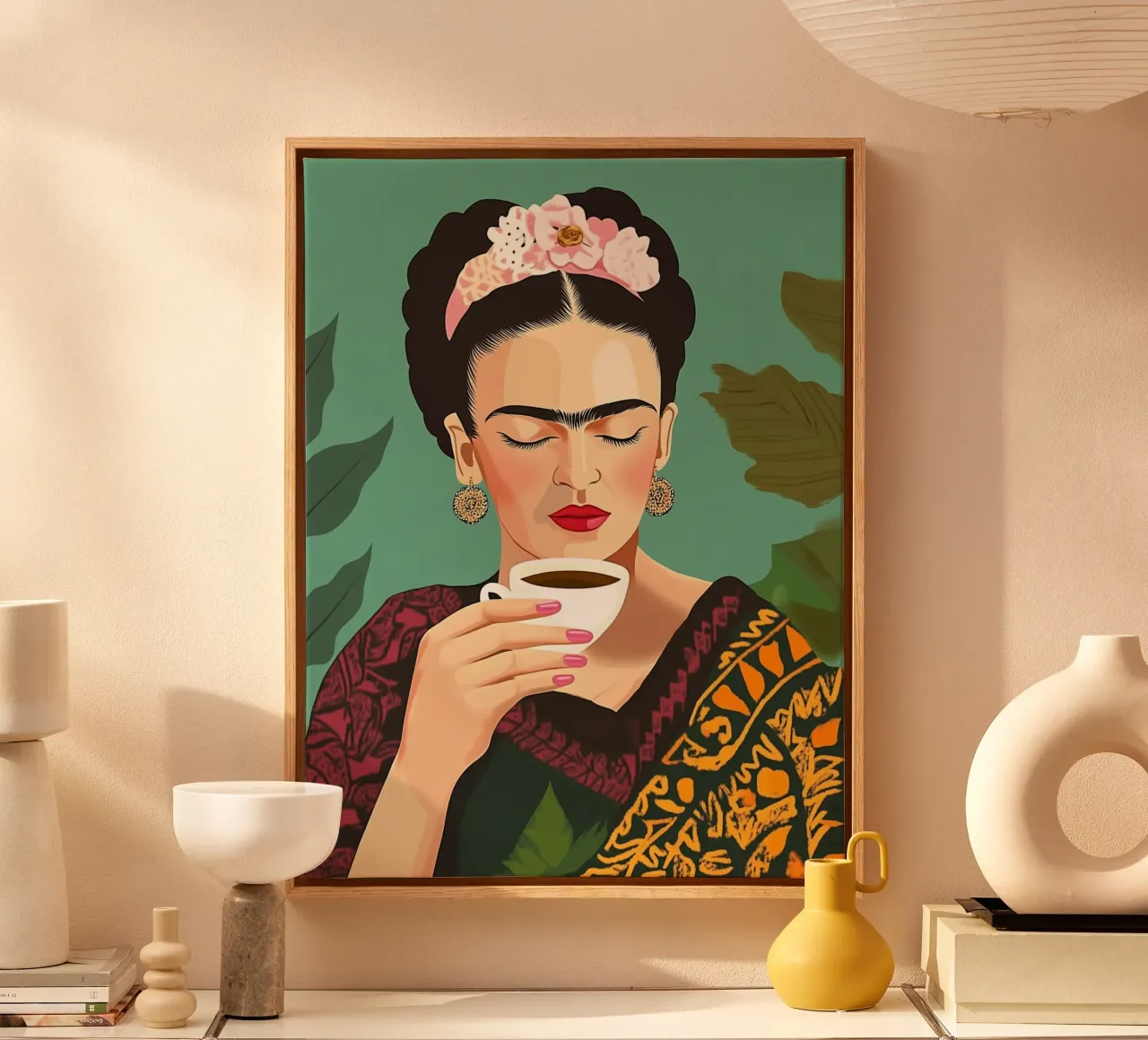 Il piacere del caffè con Frida tela con Cornice a cassetta da Carinaprint
