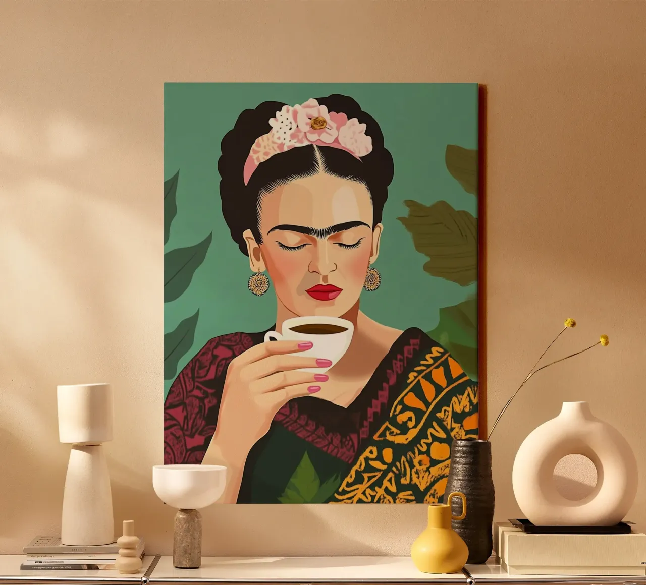 Il piacere del caffè con Frida tela con Cornice a cassetta da Carinaprint