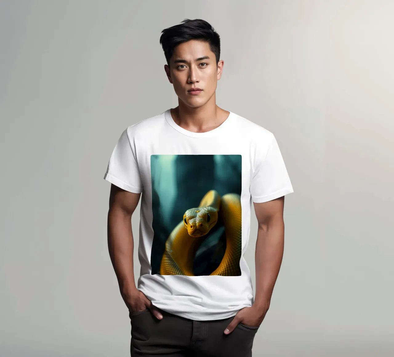 Un serpent jaune magnifiquement enroulé sur un fond sombre t-shirt de DesignDoodle