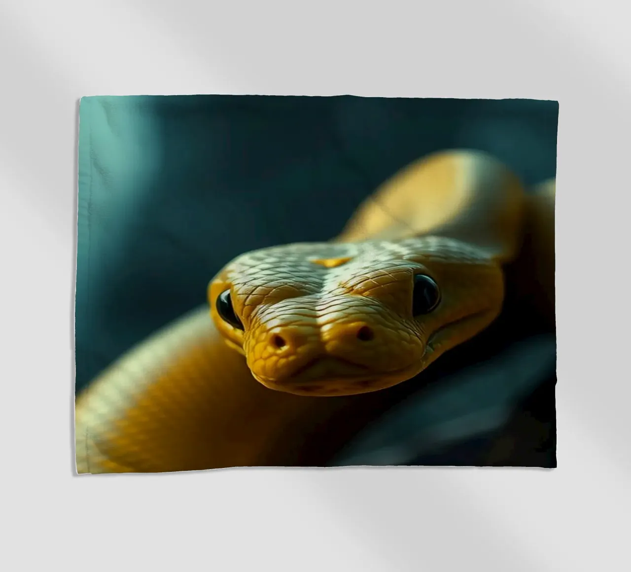 A beautifully coiled yellow snake resting on dark backgroud beach towel by DesignDoodle