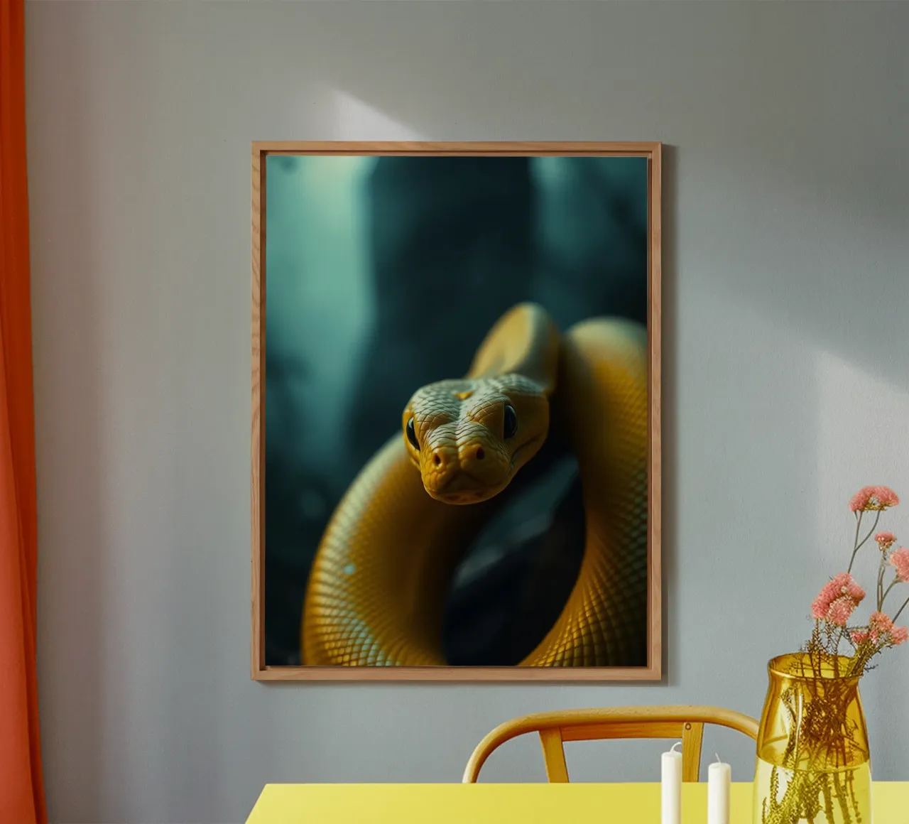 Un serpente giallo splendidamente arrotolato appoggiato su uno sfondo scuro alluminio dibond da DesignDoodle