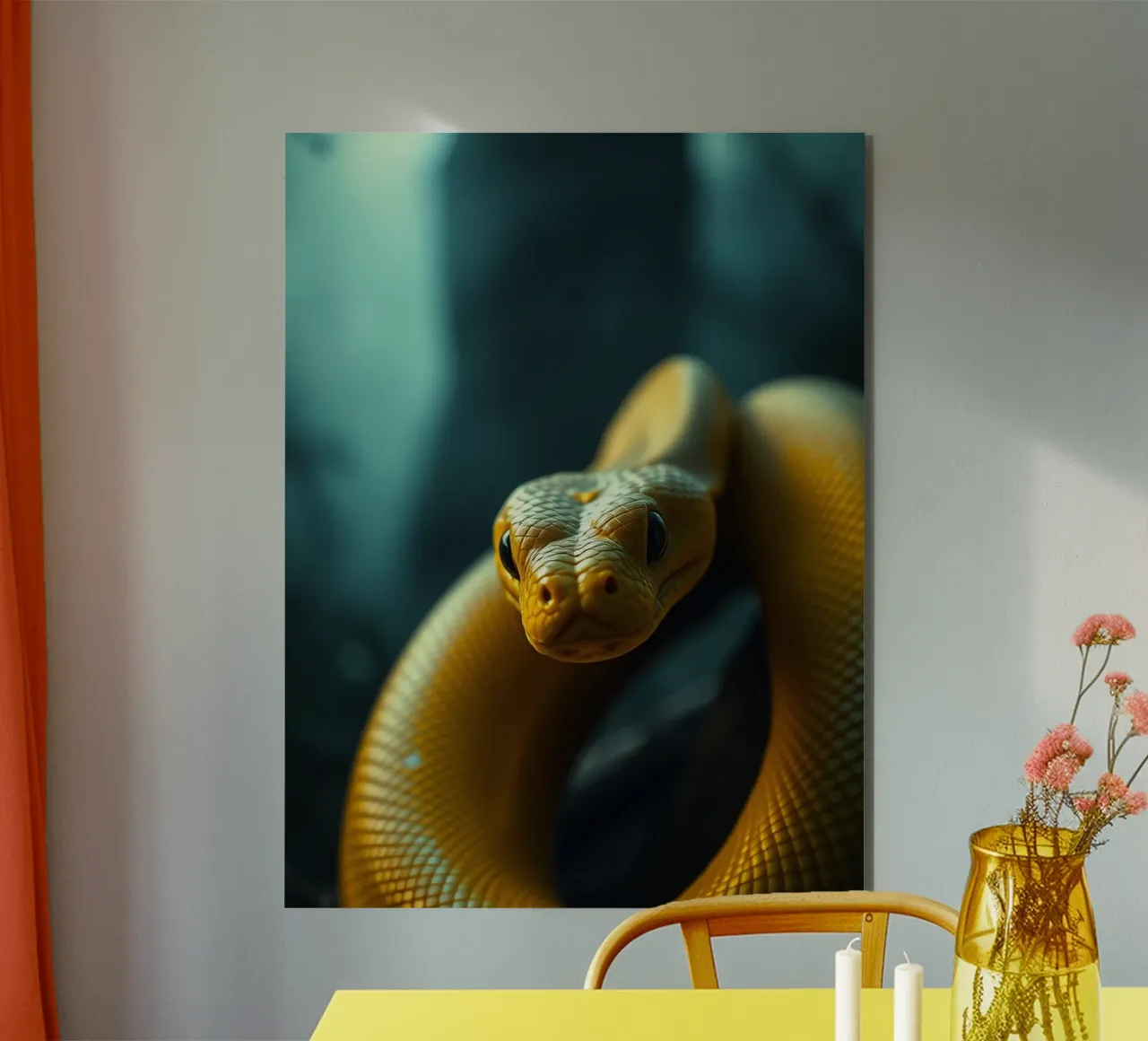 Un serpente giallo splendidamente arrotolato appoggiato su uno sfondo scuro alluminio dibond da DesignDoodle