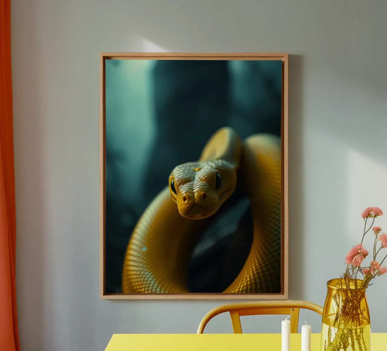 A beautifully coiled yellow snake resting on dark backgroud canvas by DesignDoodle