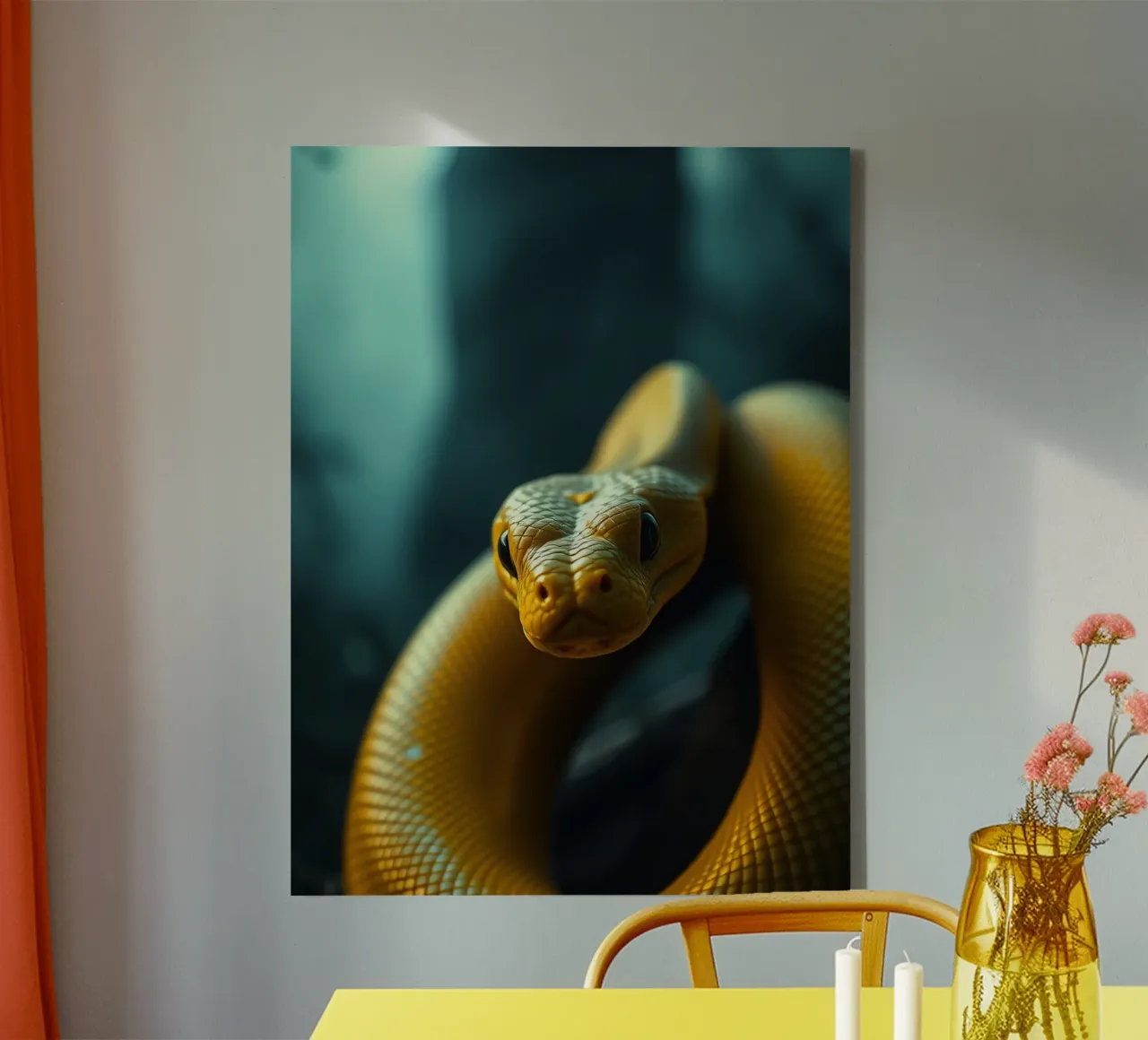 A beautifully coiled yellow snake resting on dark backgroud canvas by DesignDoodle