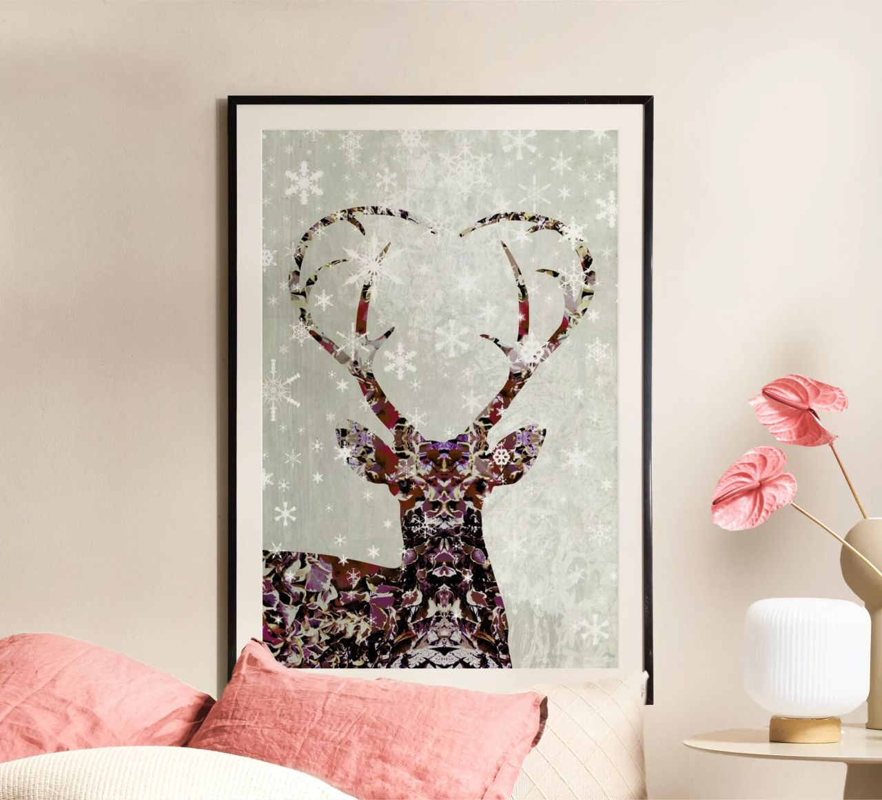 Snow Deer poster met houten frame van Angelo Cerantola