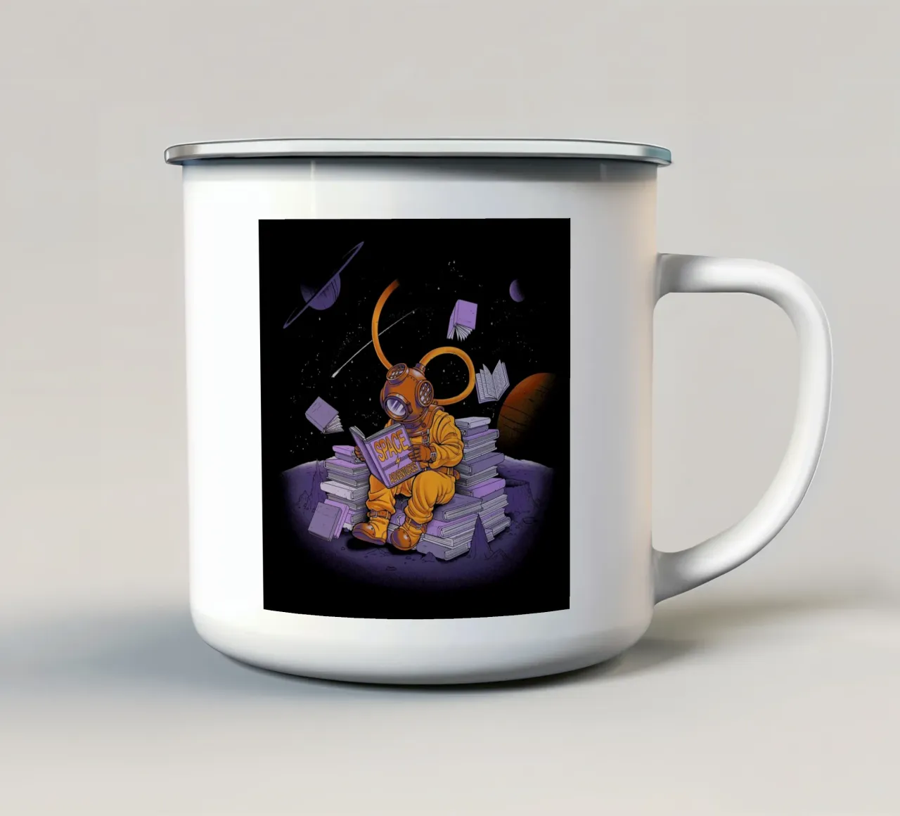 A reader lives a thousand lives - Diving Dress Space Adventures tazza in smalto da Tobe Fonseca