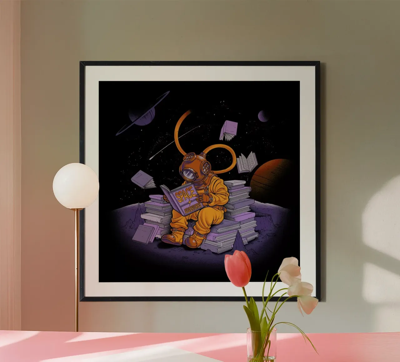 A reader lives a thousand lives - Diving Dress Space Adventures poster con telaio in legno da Tobe Fonseca