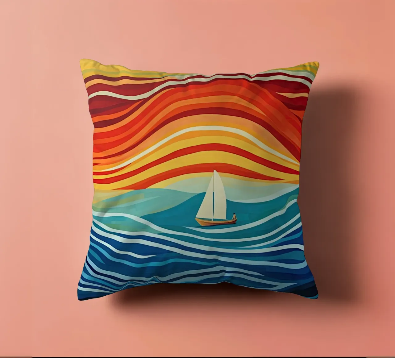 Maritime colourful stripe pattern with sailing boat decorative cushion by Autofocus