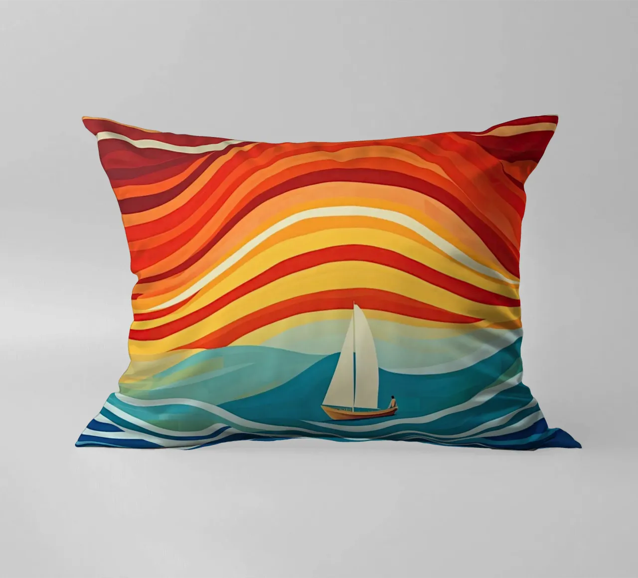 Maritime colourful stripe pattern with sailing boat decorative cushion by Autofocus