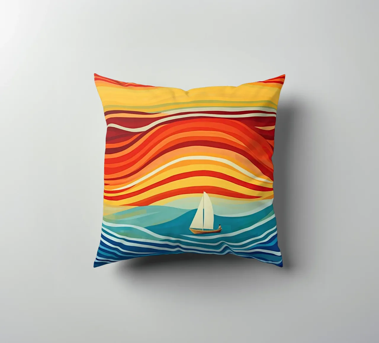 Maritime colourful stripe pattern with sailing boat decorative cushion by Autofocus
