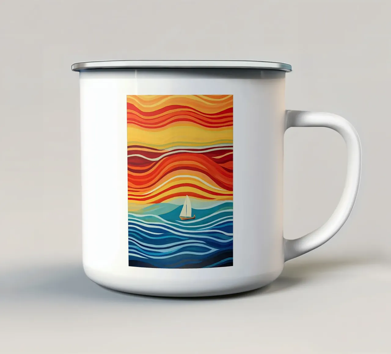 Disegno marittimo a righe colorate con barca a vela tazza in smalto da Autofocus