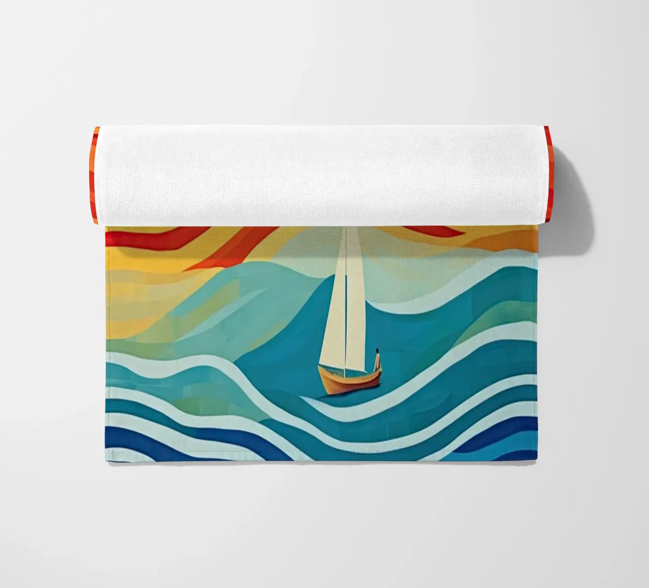 Maritime colourful stripe pattern with sailing boat beach towel by Autofocus