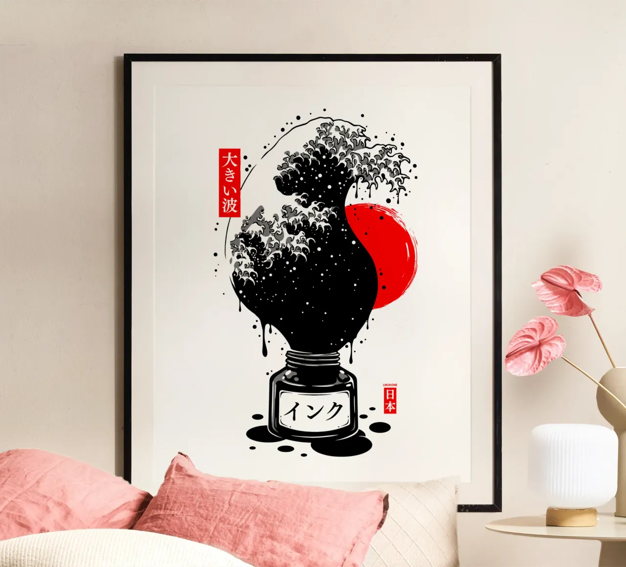 Inchiostro giapponese a onde nere di Kanagawa poster con telaio in alluminio da LM2KONE