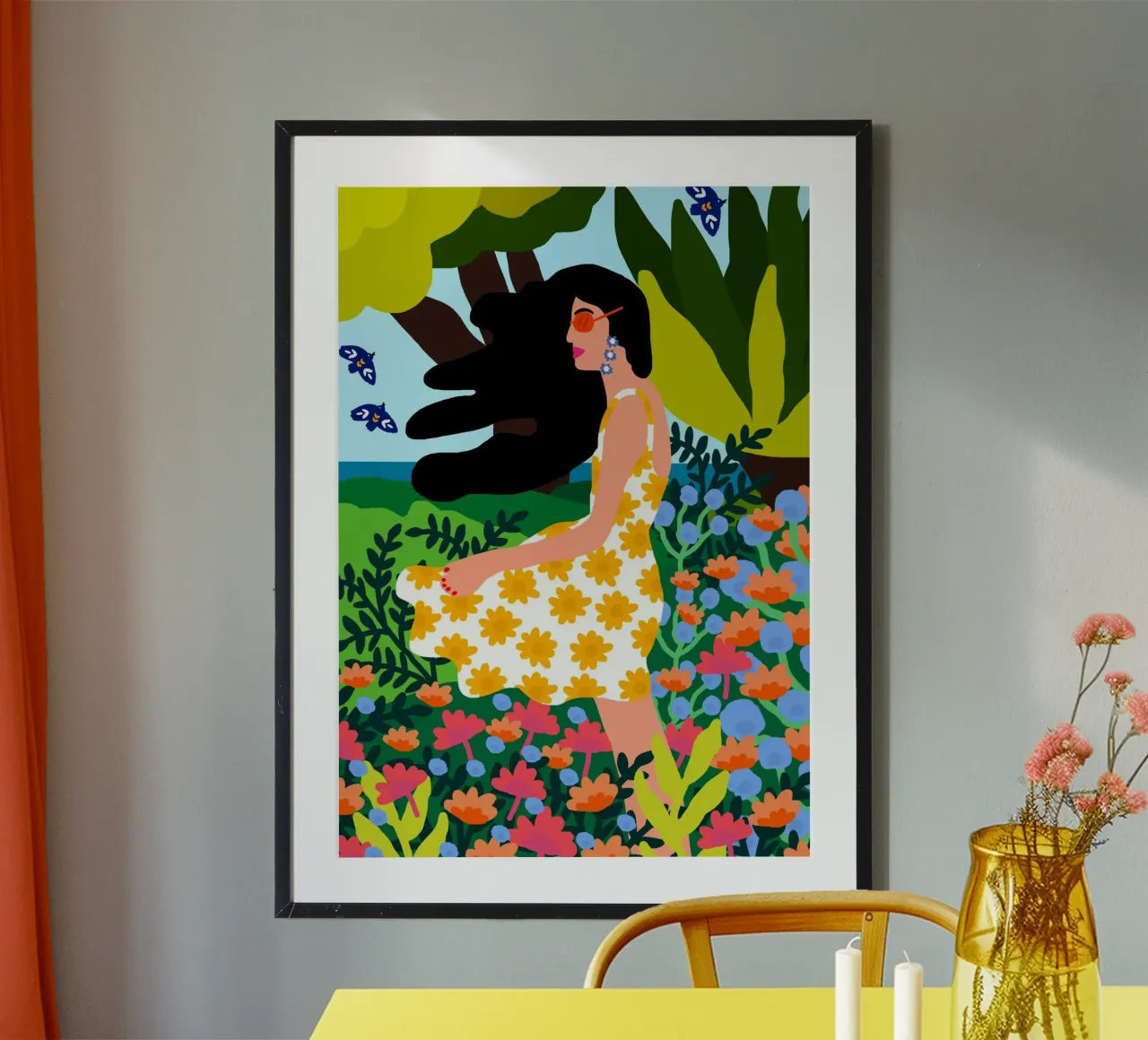 Ragazza estiva floreale poster con telaio in alluminio da Pictufy Sun & Spirit