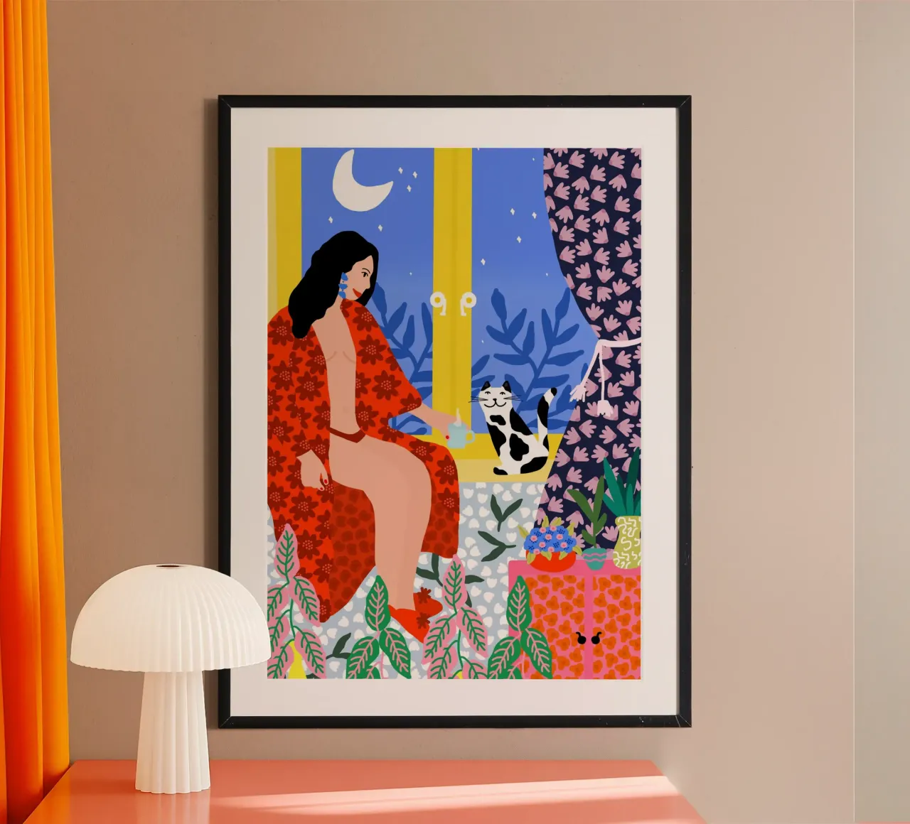 Tè serale con gatto poster con telaio in legno da Pictufy Sun & Spirit