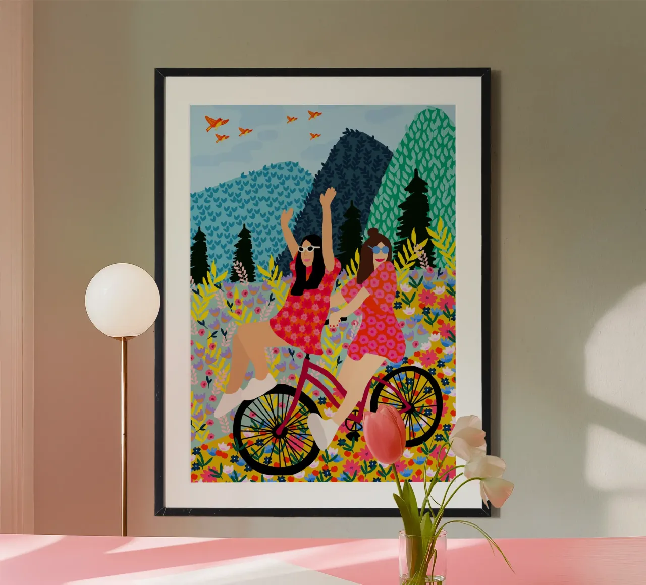 Amici in bicicletta poster con telaio in legno da Pictufy Sun & Spirit