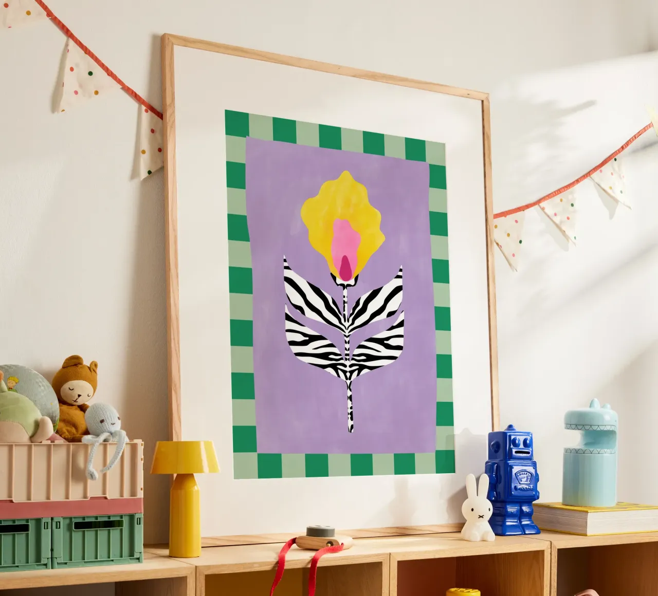 Fiore con foglie a motivo zebrato poster con telaio in legno da Pictufy Sun & Spirit