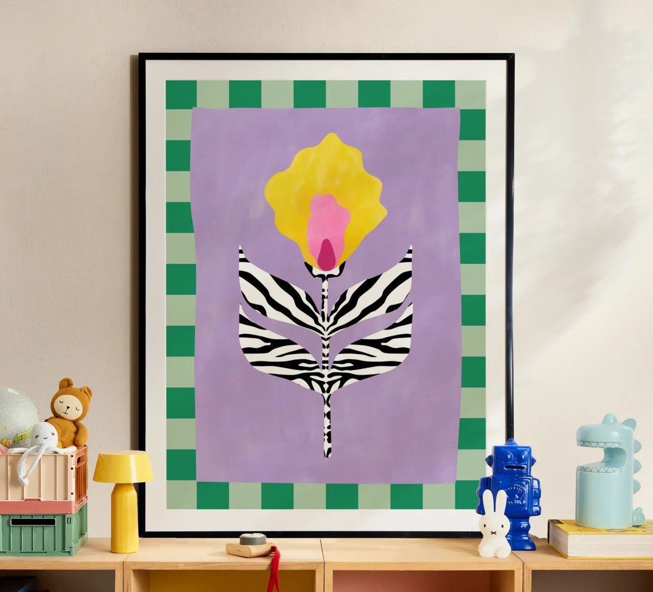 Fiore con foglie a motivo zebrato poster con telaio in legno da Pictufy Sun & Spirit