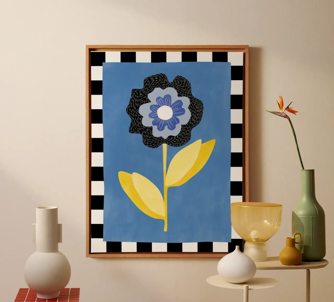 Bloem met blauw en zwart bloemblad canvas met Baklijst van Pictufy Sun & Spirit