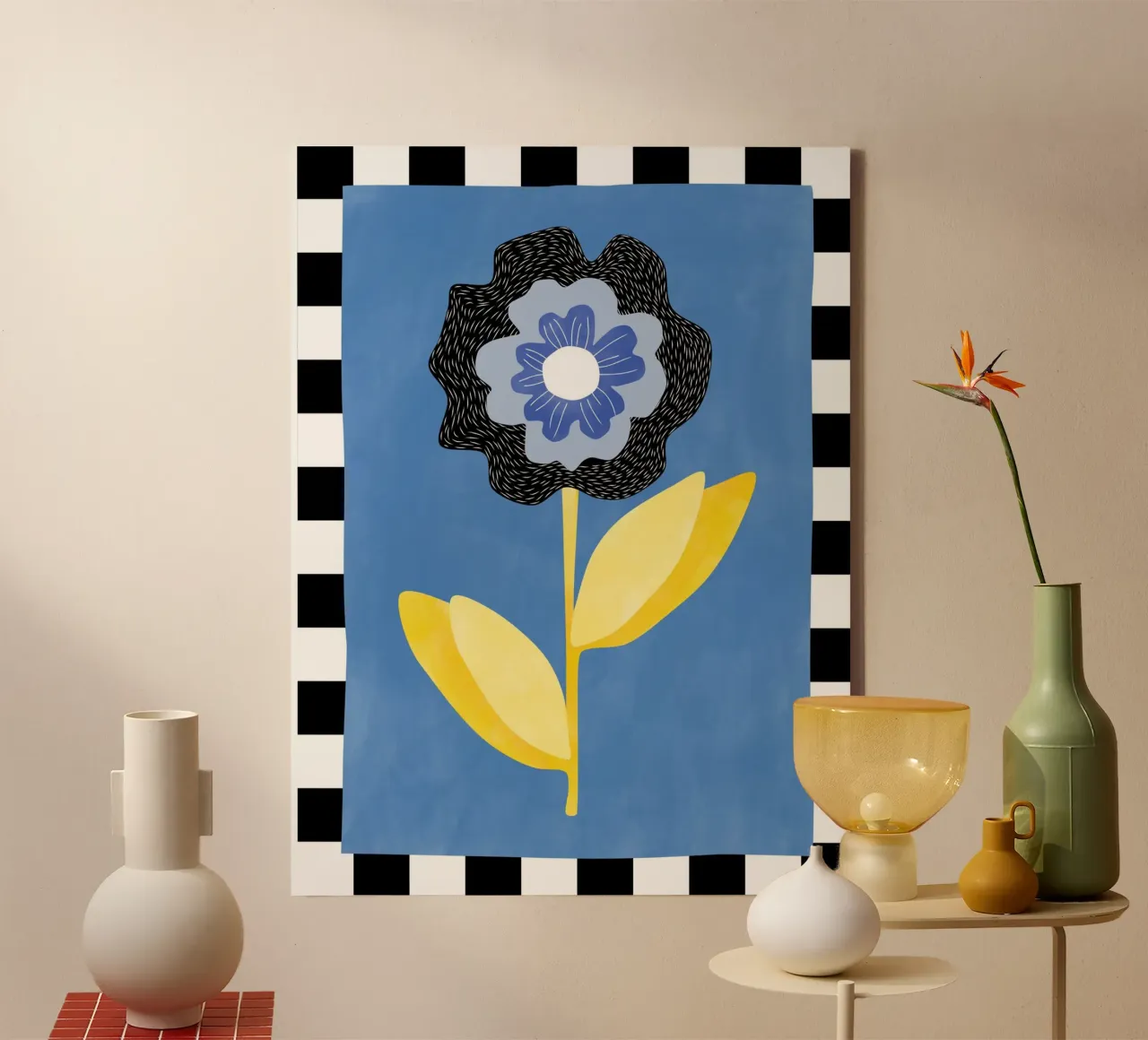 Bloem met blauw en zwart bloemblad canvas met Baklijst van Pictufy Sun & Spirit