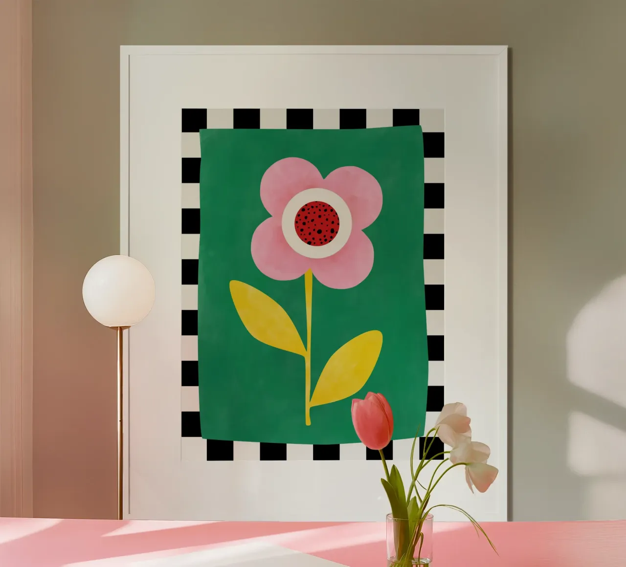 Fiore rosa con foglie gialle poster con telaio in legno da Pictufy Sun & Spirit