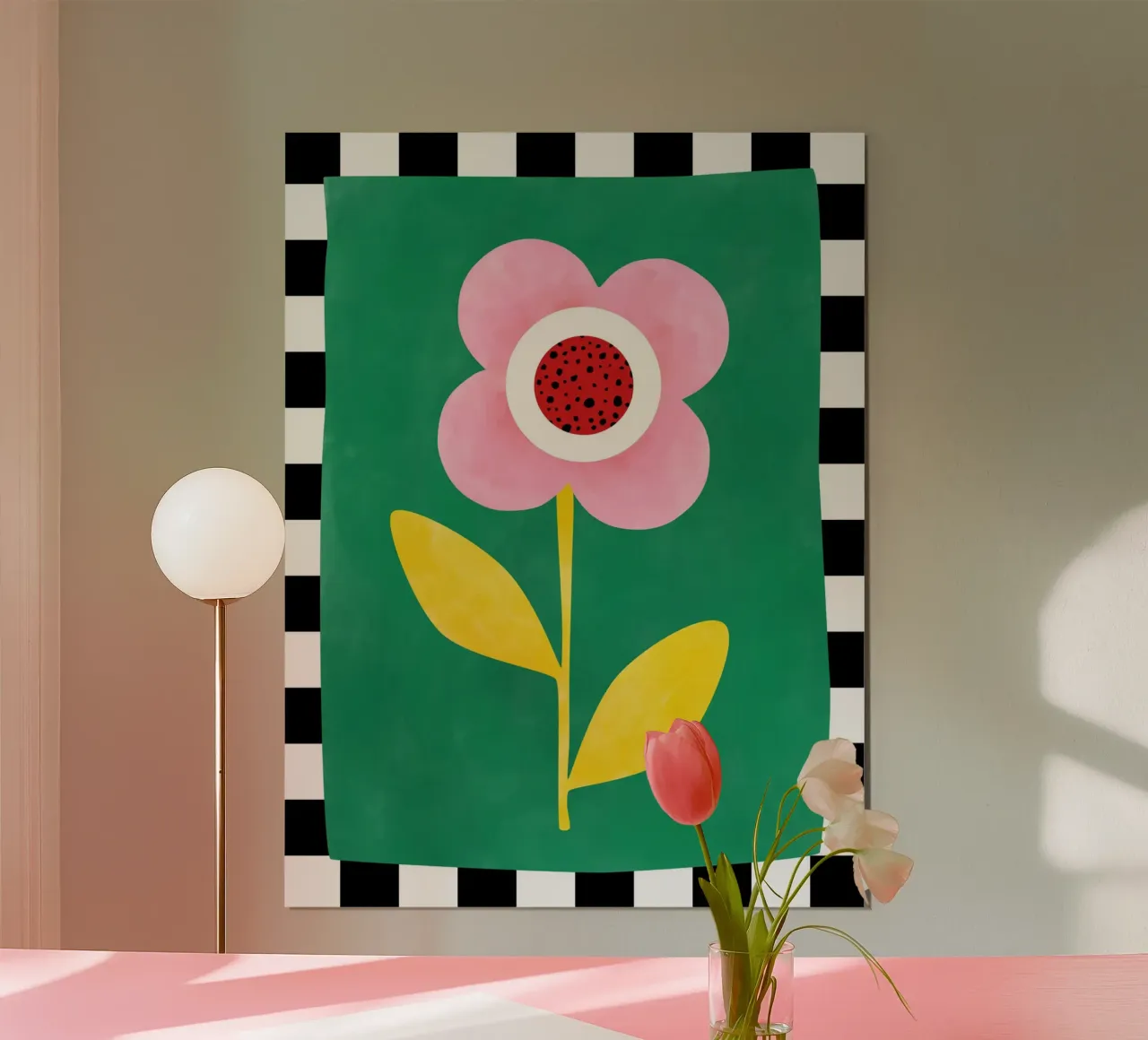 Fiore rosa con foglie gialle poster con telaio in legno da Pictufy Sun & Spirit