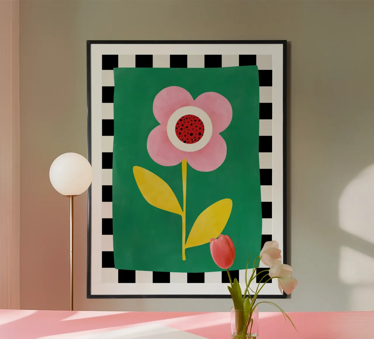 Fiore rosa con foglie gialle poster con telaio in legno da Pictufy Sun & Spirit