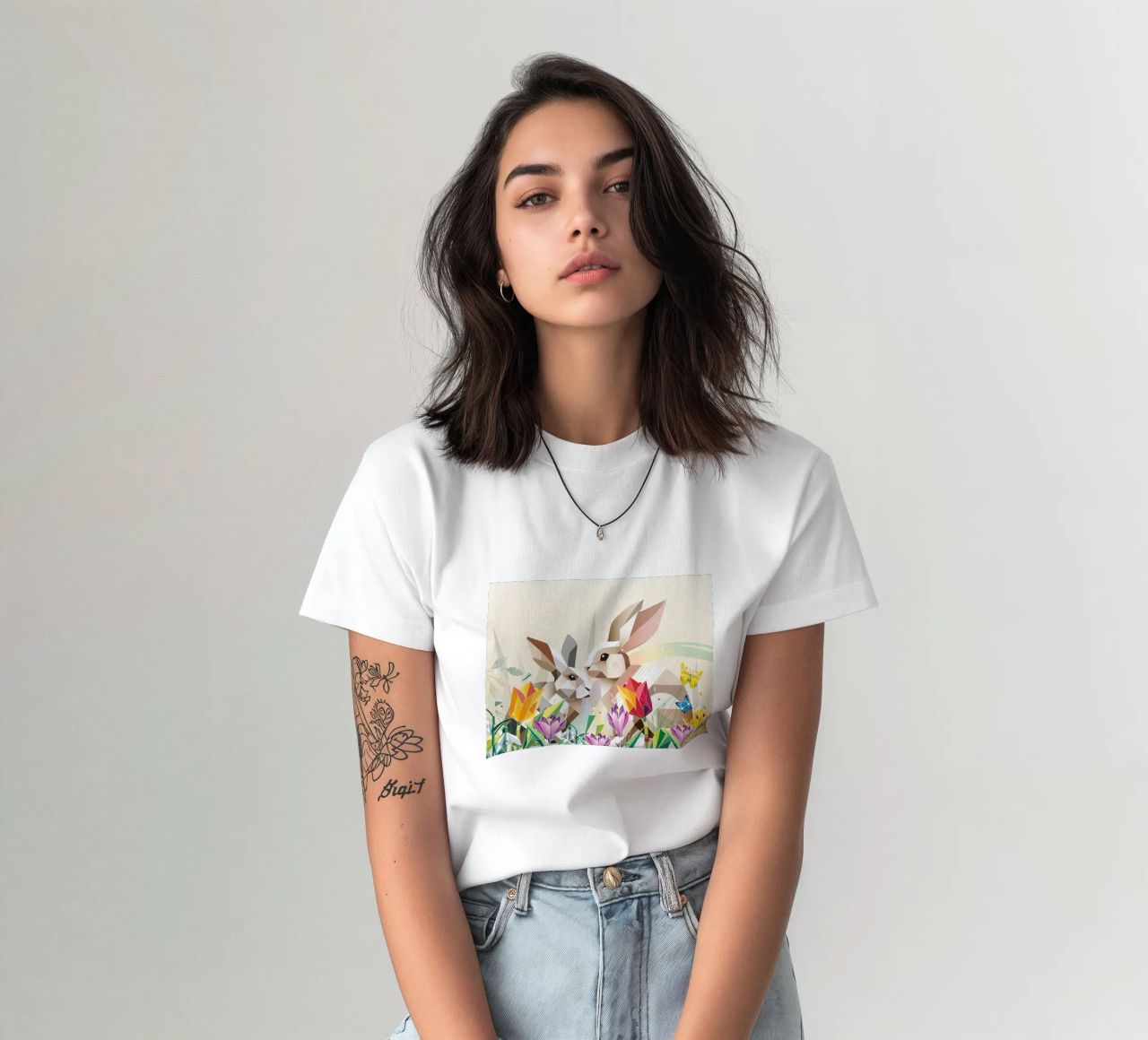 Due coniglietti di Pasqua in un mare di fiori t-shirt da namosh