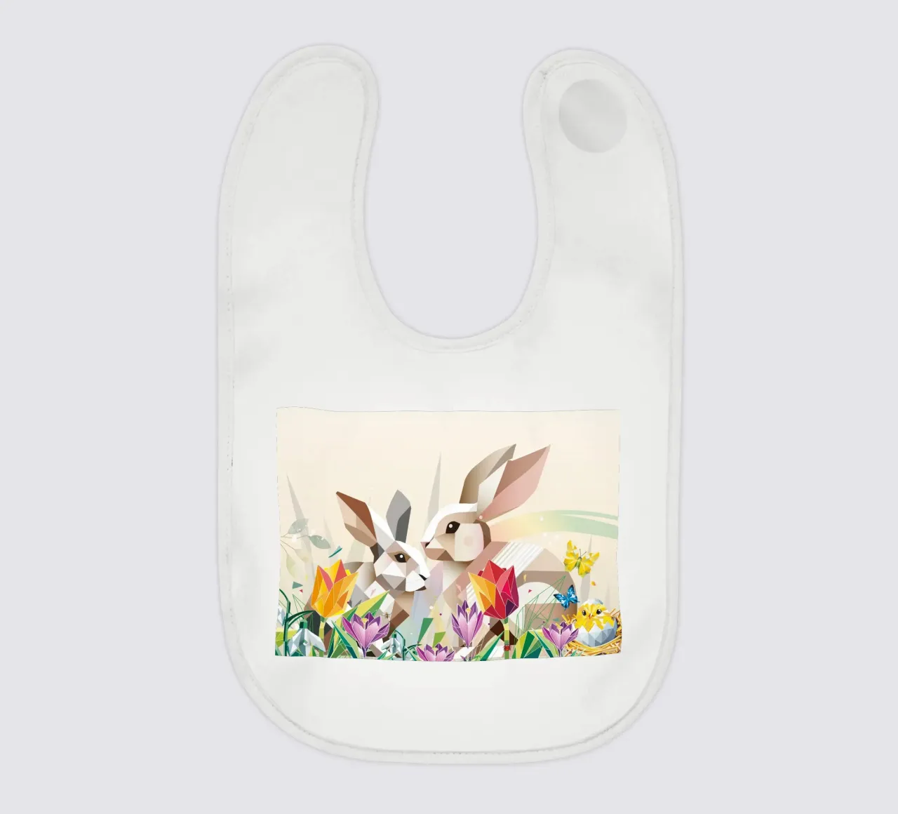 Due coniglietti di Pasqua in un mare di fiori bavaglino da namosh