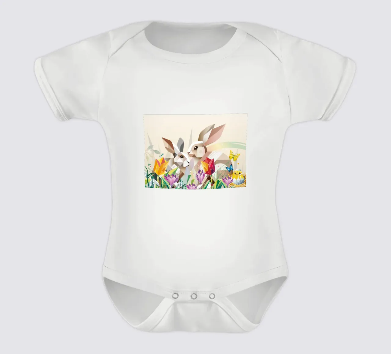 Due coniglietti di Pasqua in un mare di fiori body neonato maniche corte da namosh