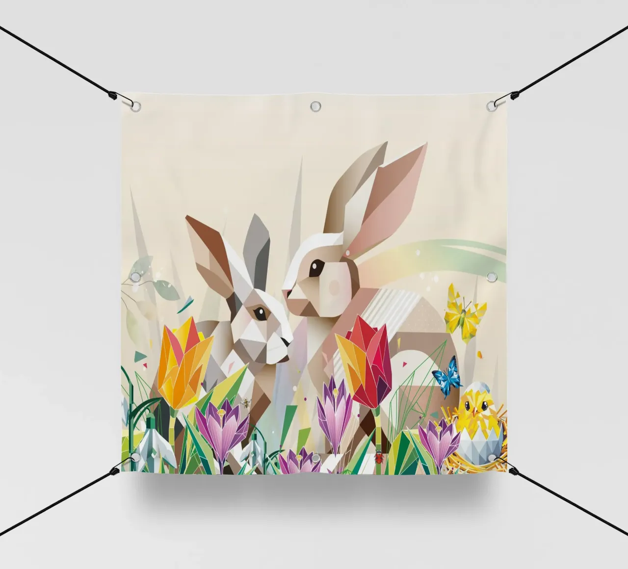 Due coniglietti di Pasqua in un mare di fiori telo in pvc da namosh