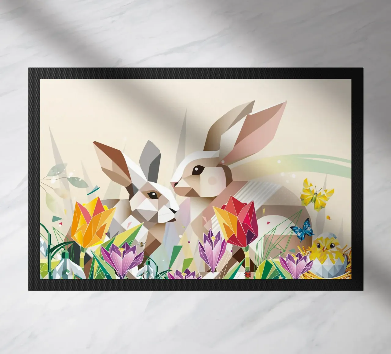 Two Easter bunnies in a sea of flowers doormat by namosh