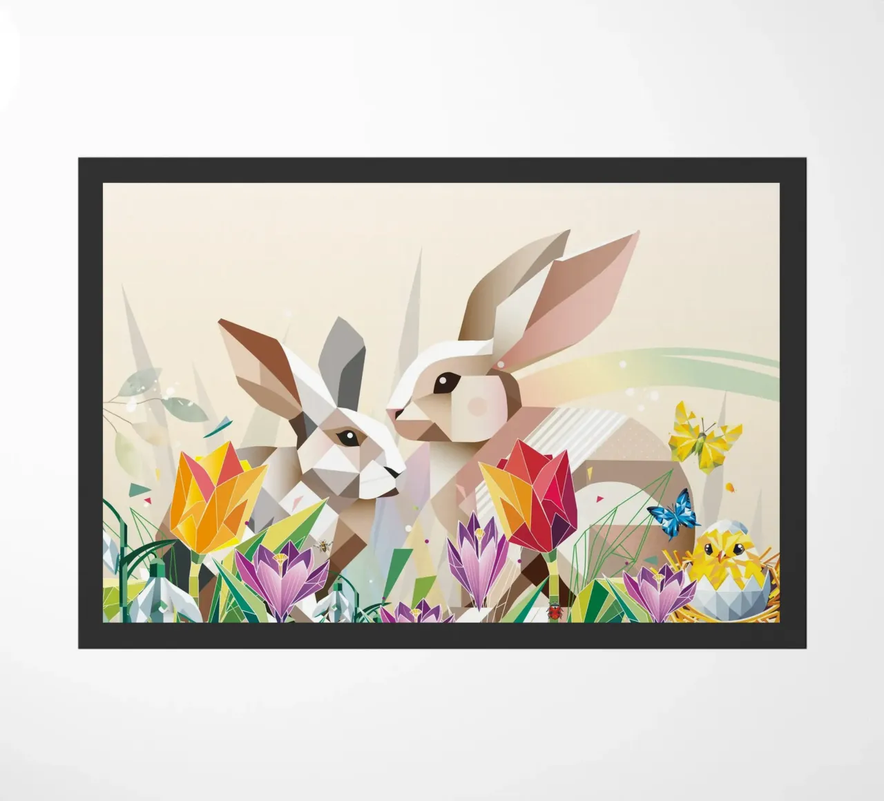 Due coniglietti di Pasqua in un mare di fiori zerbino da namosh