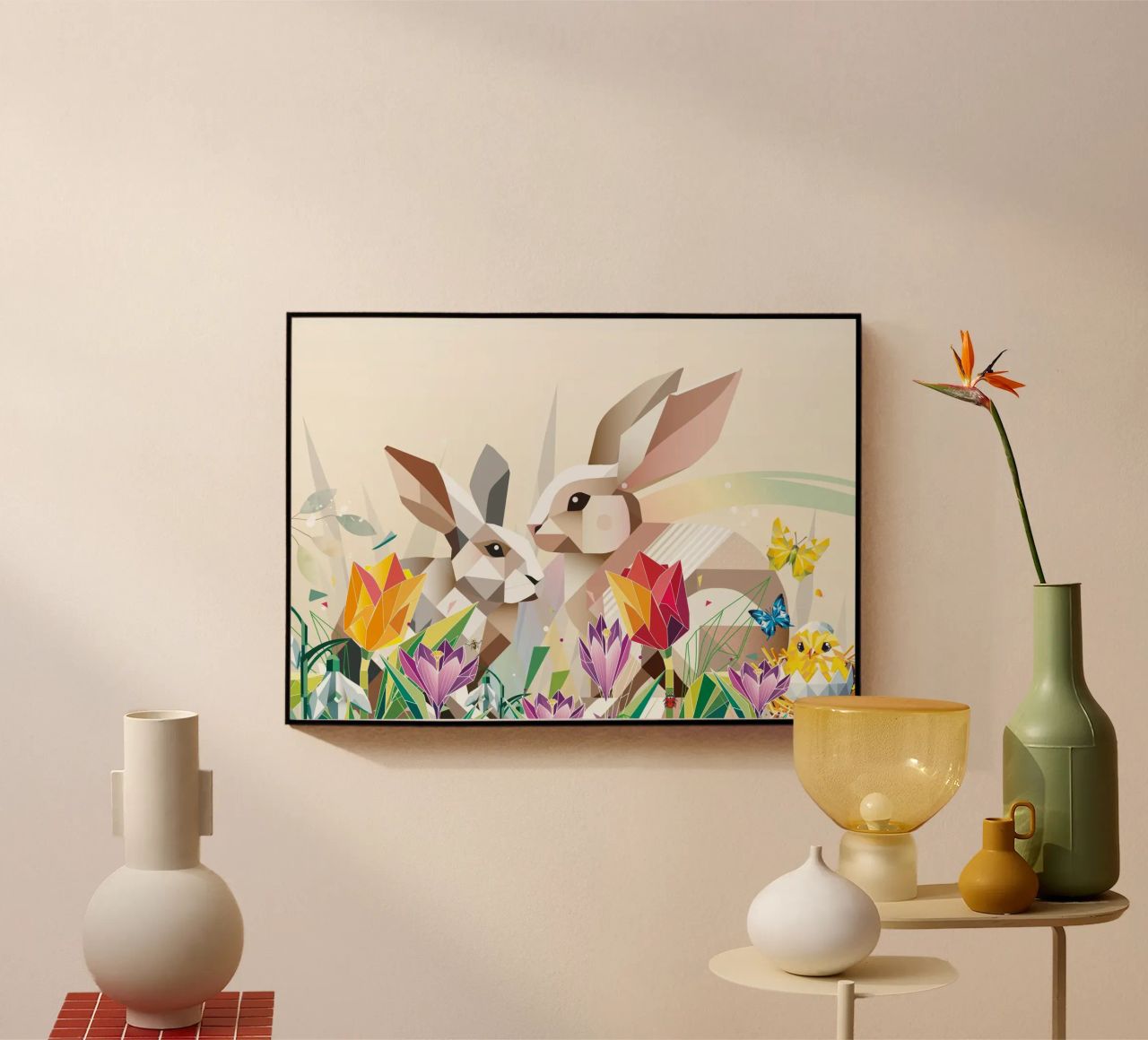 Dos conejos de Pascua en un mar de flores metacrilato de namosh