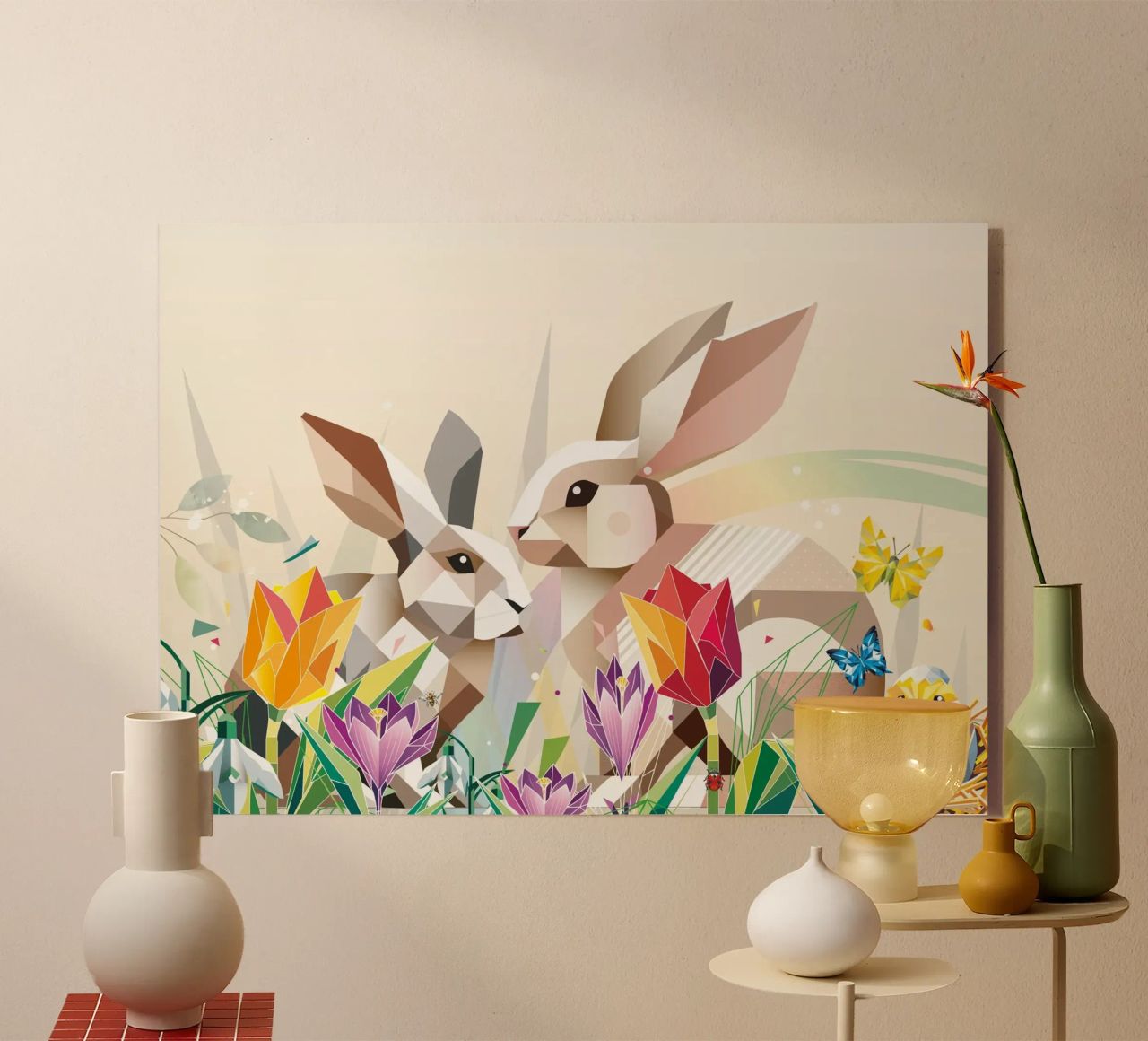 Dos conejos de Pascua en un mar de flores metacrilato de namosh