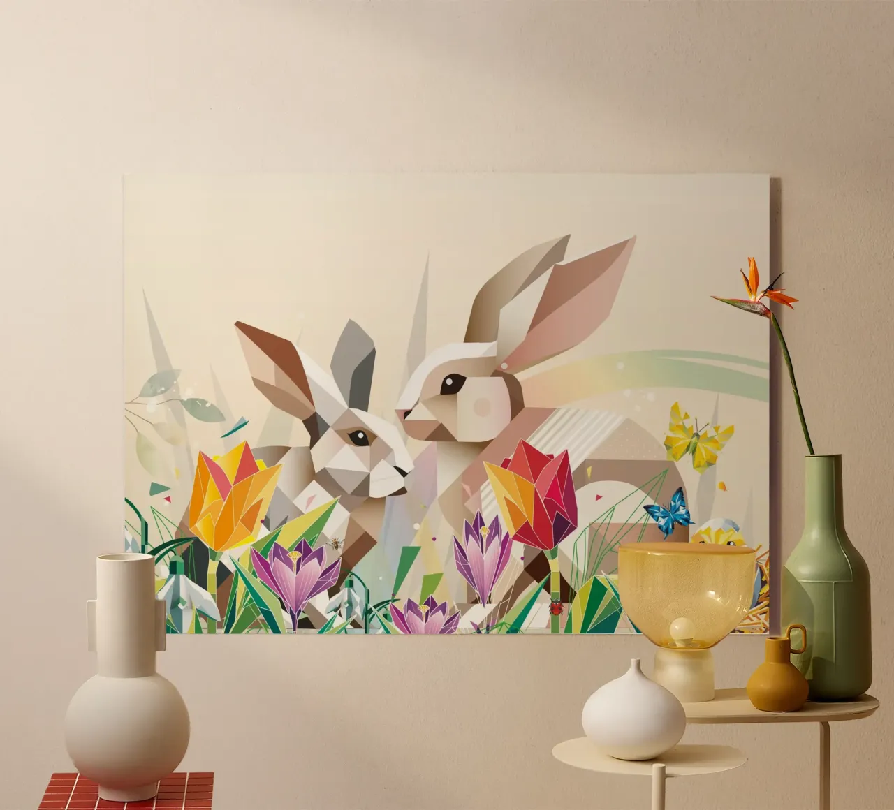 Due coniglietti di Pasqua in un mare di fiori plexiglass da namosh