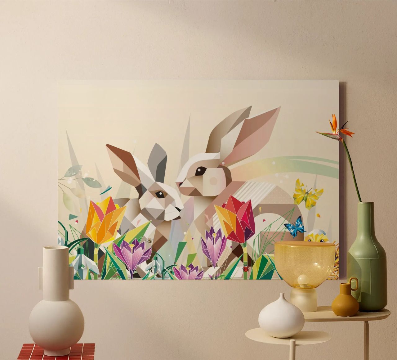 Due coniglietti di Pasqua in un mare di fiori tela da namosh