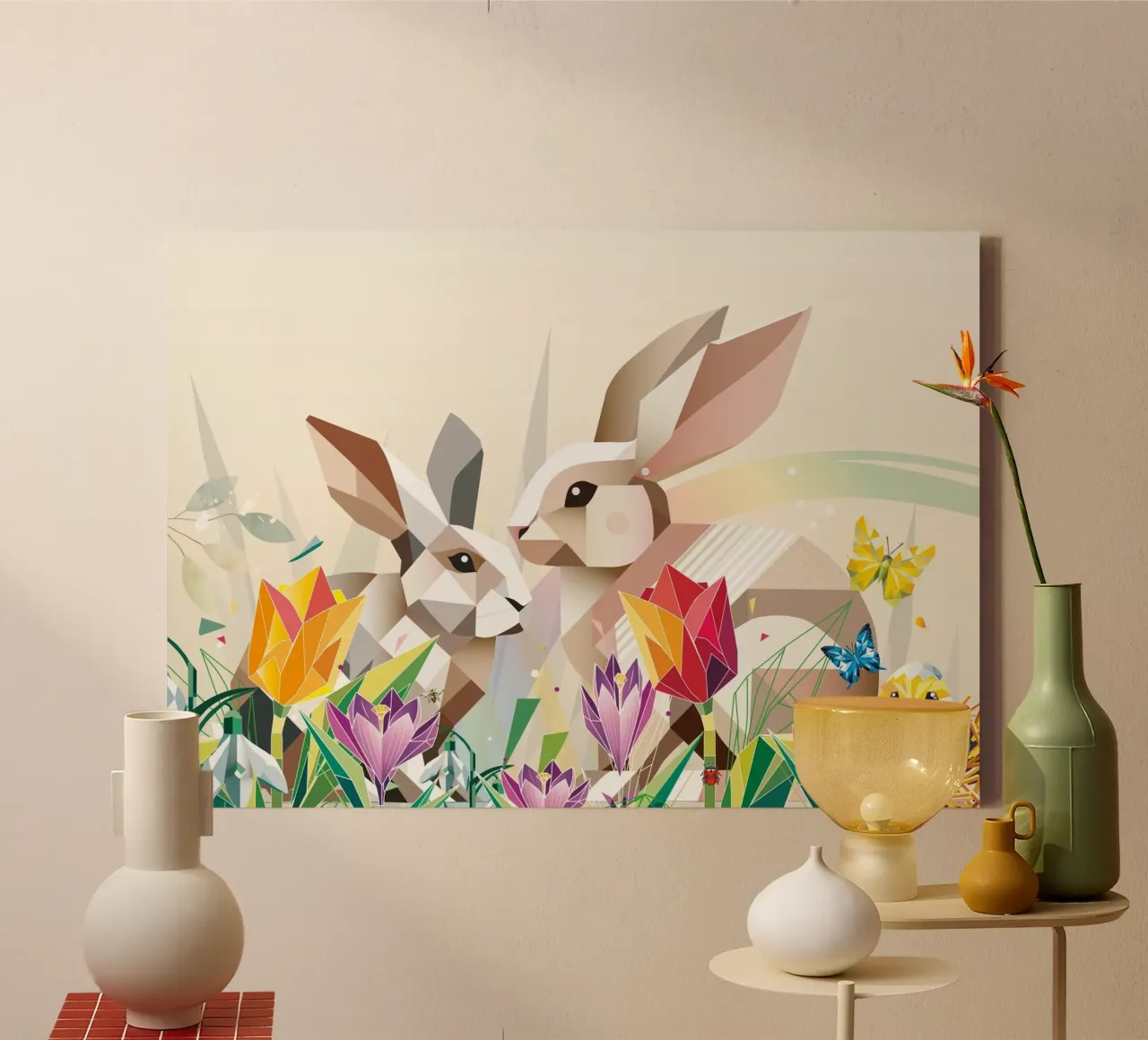 Due coniglietti di Pasqua in un mare di fiori tela da namosh