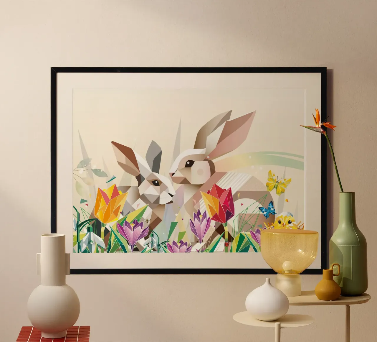 Due coniglietti di Pasqua in un mare di fiori carta hahnemühle da namosh